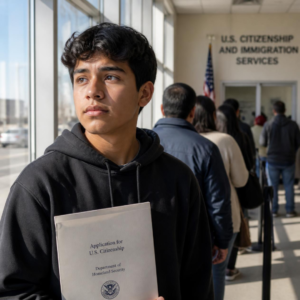 teen boy holding folder waiting in line